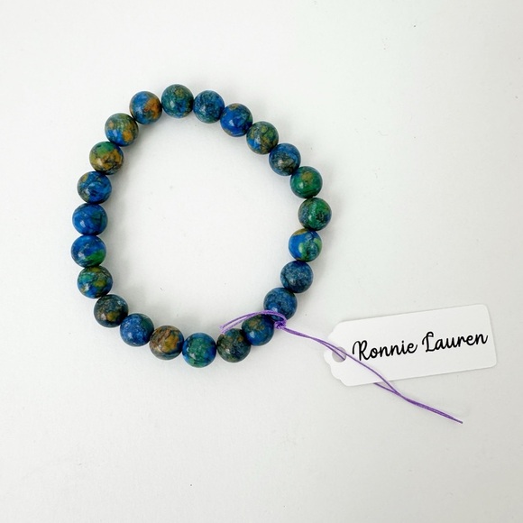 NWT Genuine Azurite Beaded Bracelet Men's Blue Green - Picture 2 of 2